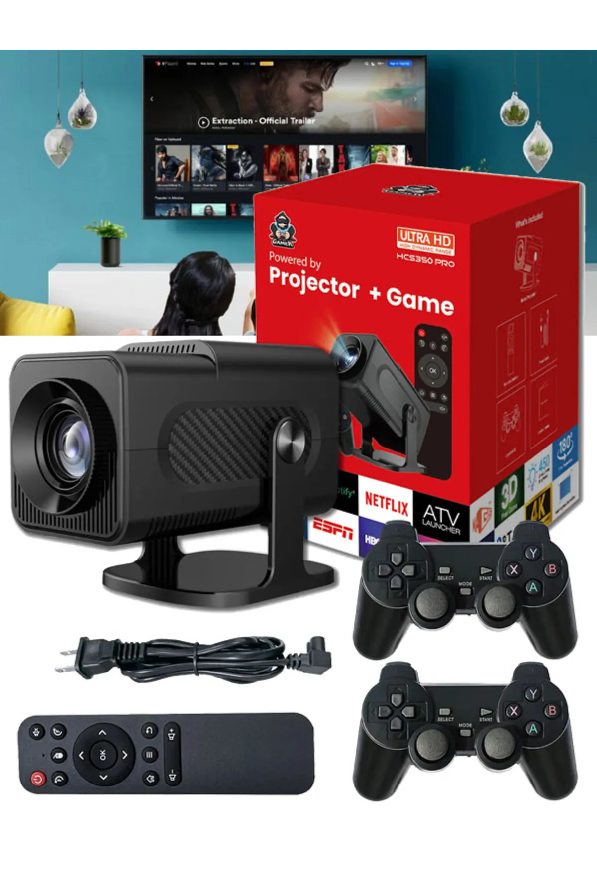 Bilişim Burada HCS350 Pro Retro Video Oyunu Konsolu + Android Tv + Dahili Hoparlör Porjeksiyon Projektör